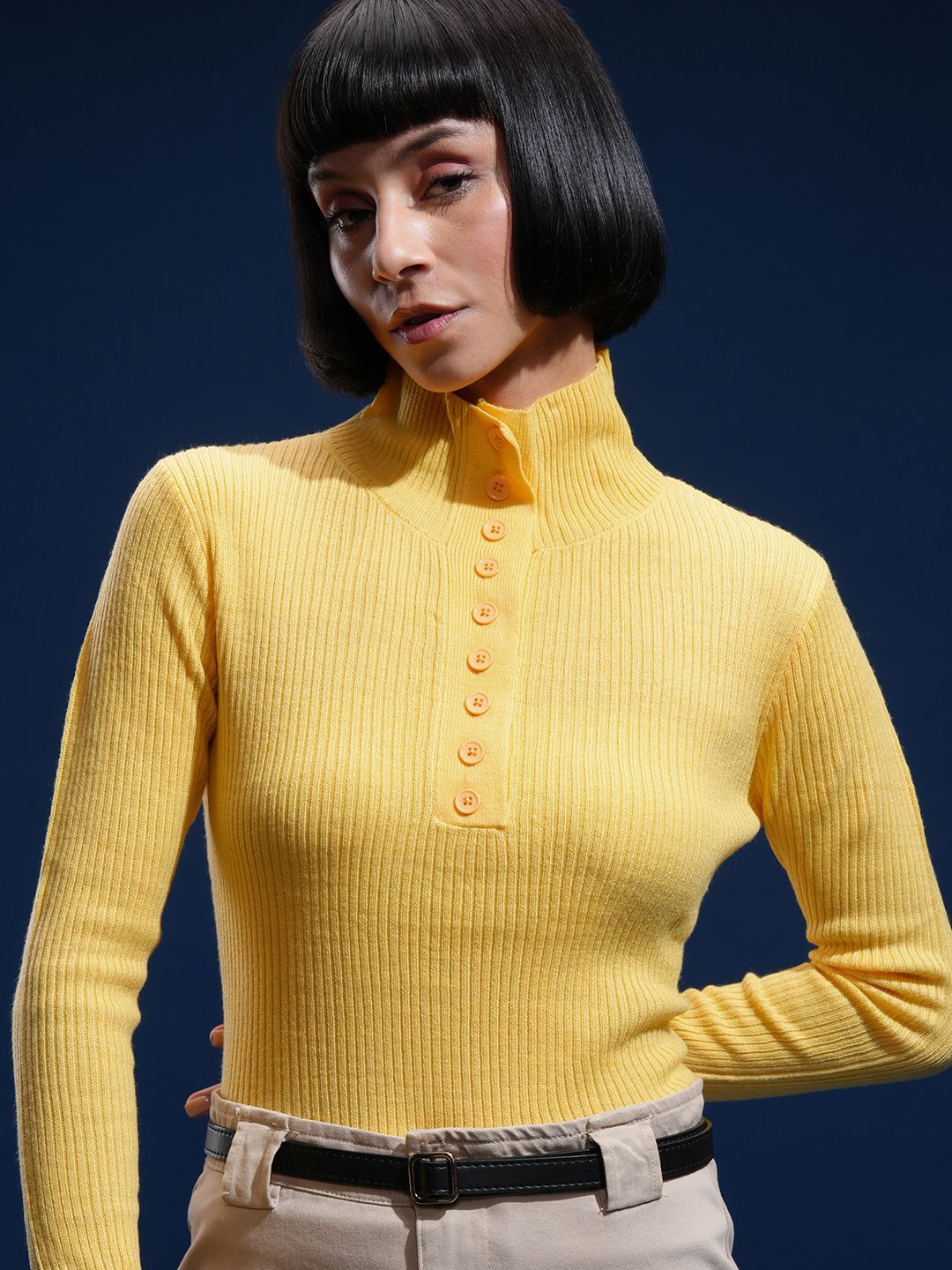 Tokyo Talkies Women Full Sleeves Mock Neck Sweater