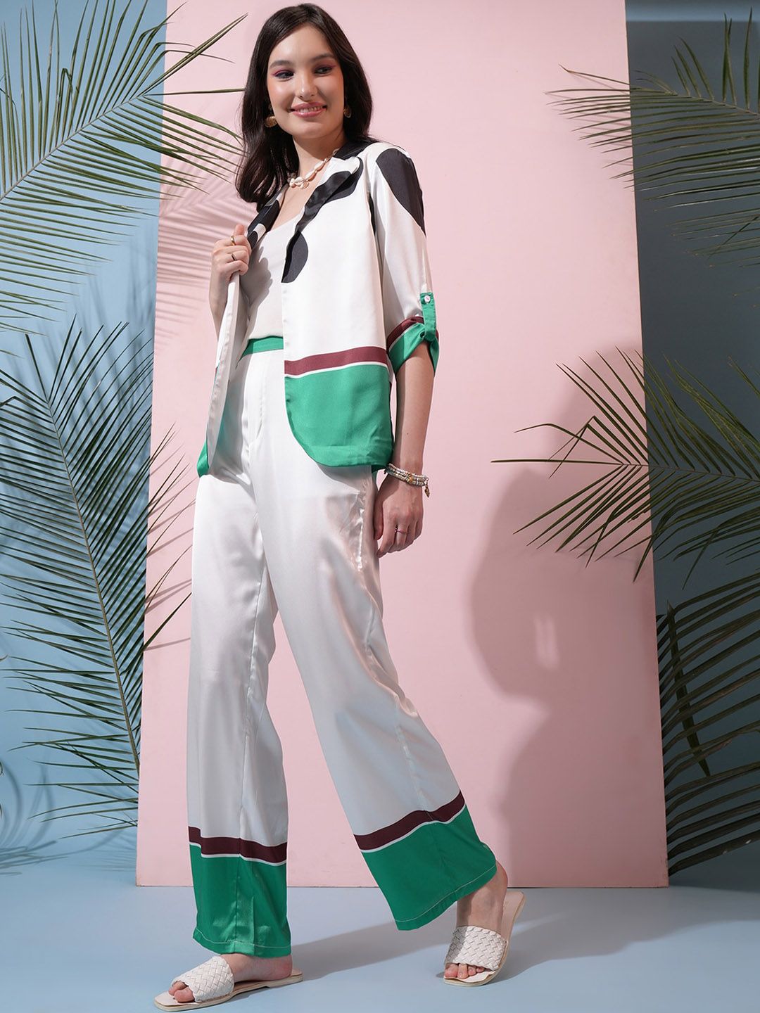 Tokyo Talkies Printed Blazer & Top With Trouser Co-Ords