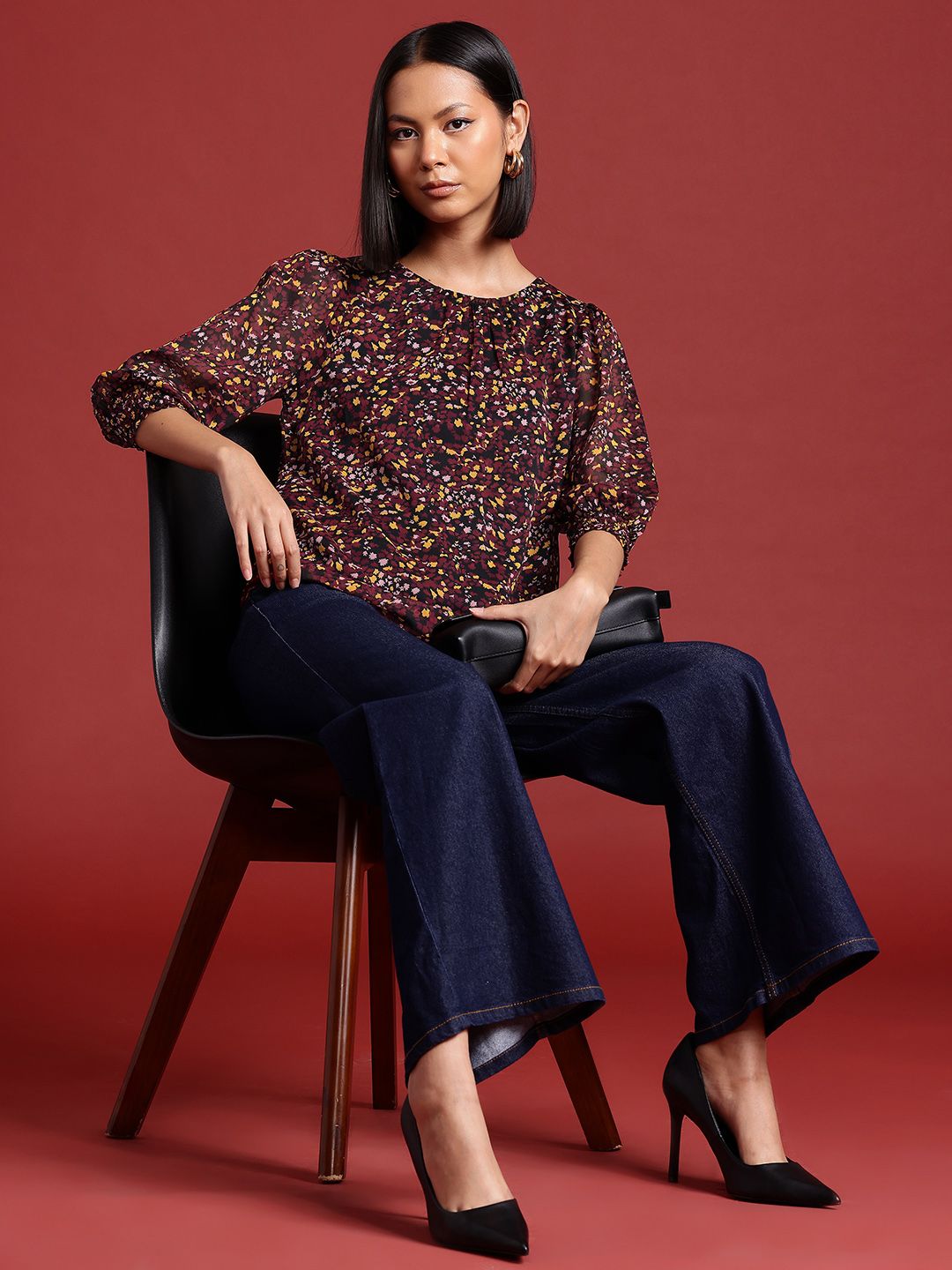 all about you Micro Print Puff Sleeves Top