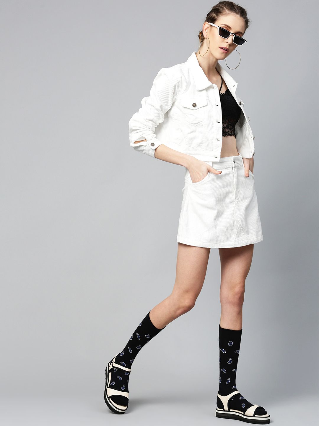 SASSAFRAS Women White Self-Striped Corduroy Crop Tailored Jacket