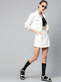 SASSAFRAS Women White Self-Striped Corduroy Crop Tailored Jacket