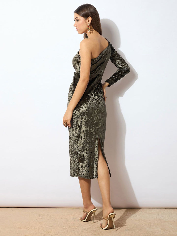 SASSAFRAS Olive Green One Shoulder Cut-Out Velvet Sheath Midi Dress