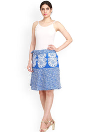 Exotic India Pure Cotton Princess Blue Block Printed Wrap-Around Mini-Skirt