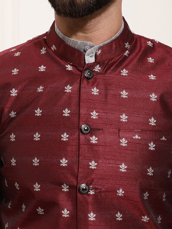 SOJANYA Set Kurta Solid Melange Kelabu Lelaki Dengan Jaket Bercetak