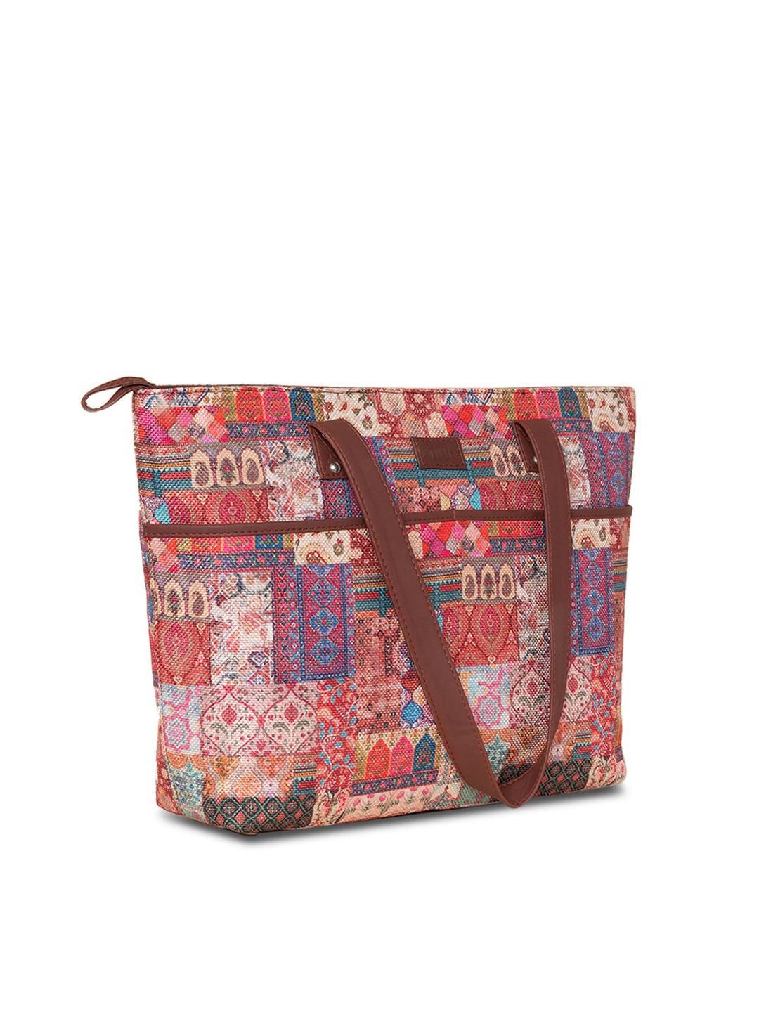 ZOUK Brown & Red Printed Structured Tote Bag