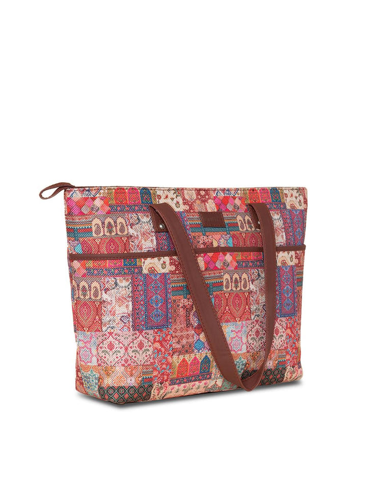 ZOUK Brown & Red Printed Structured Tote Bag