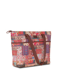ZOUK Brown & Red Printed Structured Tote Bag
