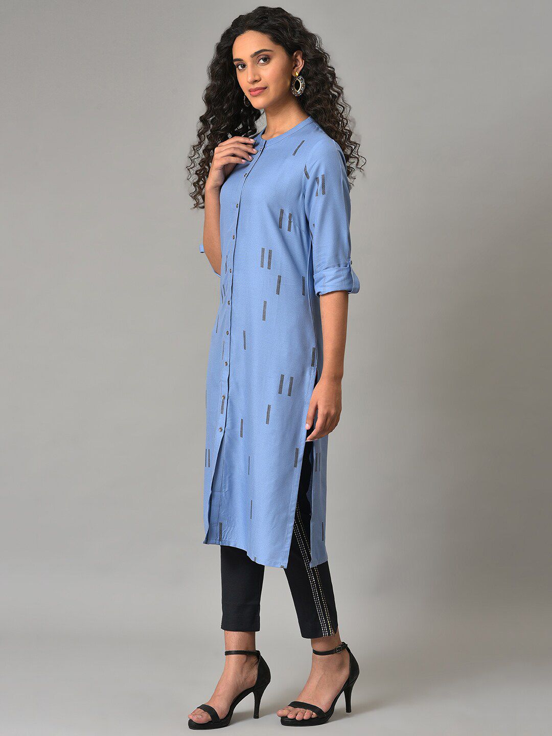 W Printed Band Collar Roll Up Sleeves Kurta