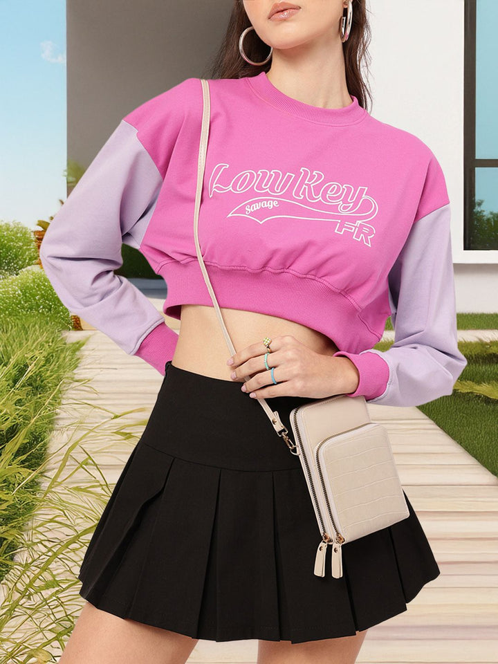 DressBerry Typography Print Contrast Sleeves Crop Sweatshirt