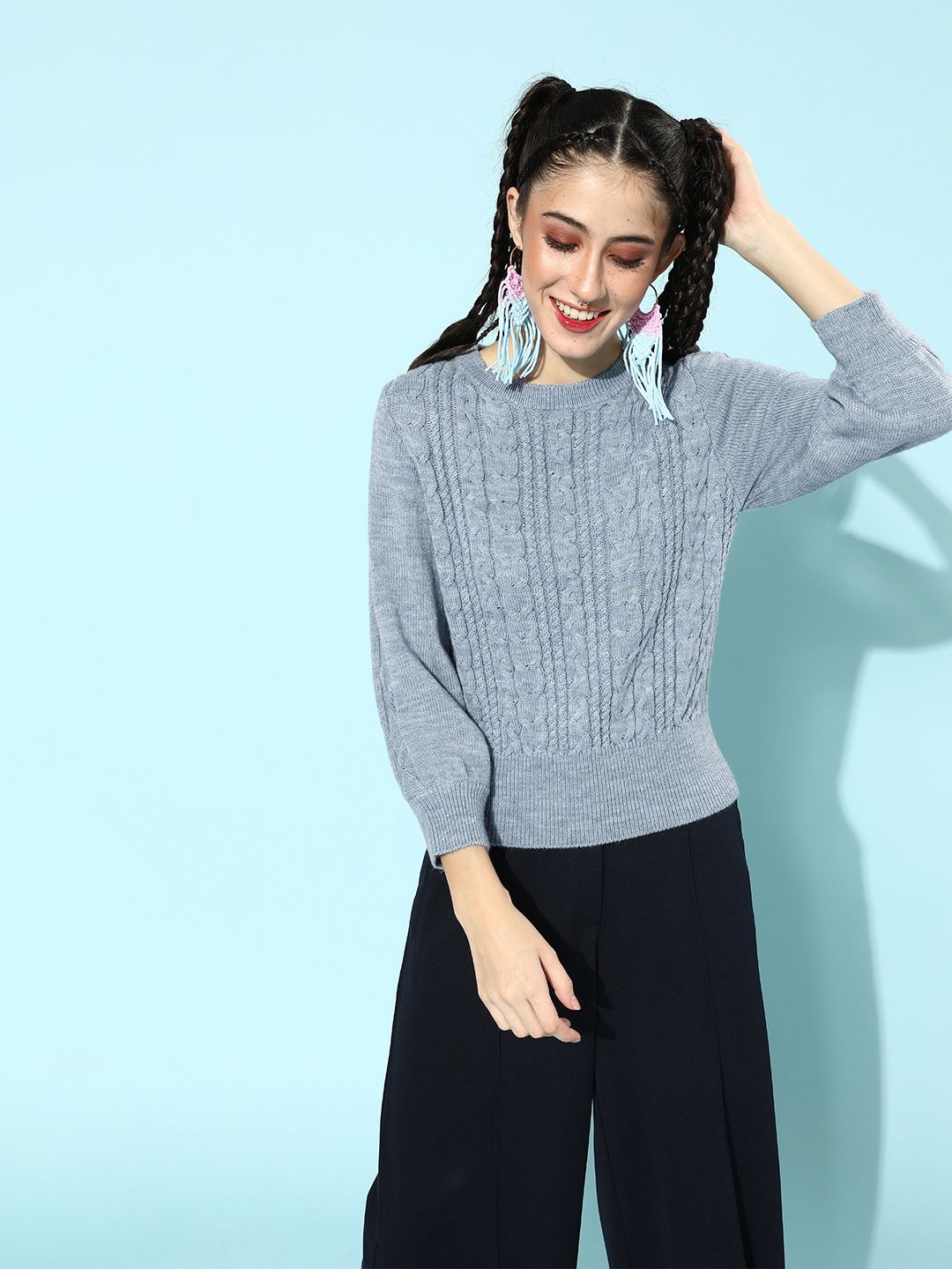 STREET 9 Women Blue Cable Knit Acrylic Pullover