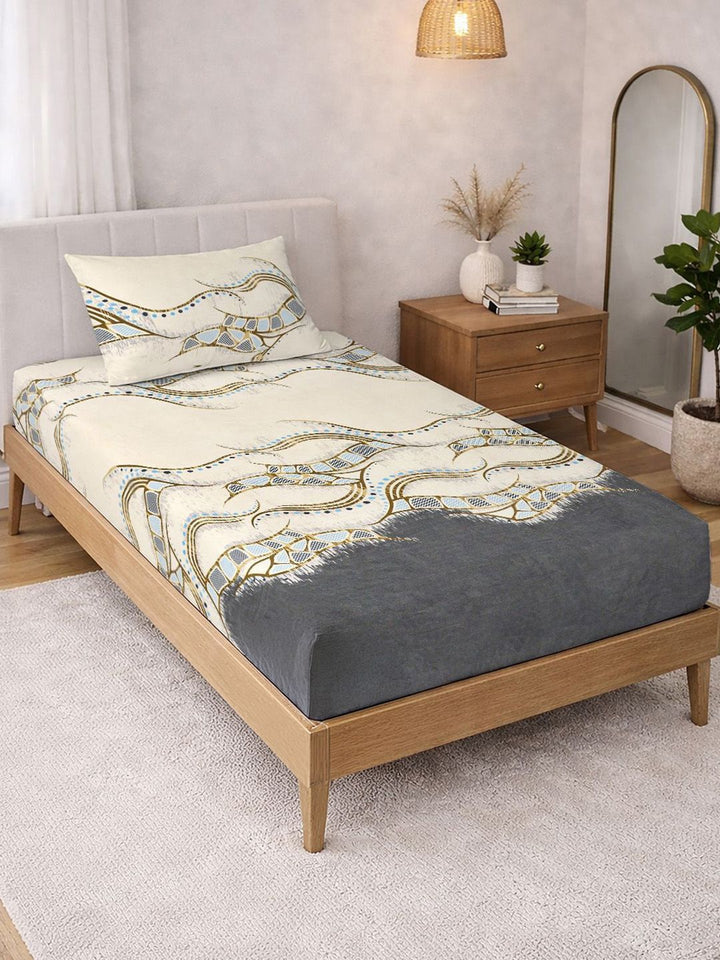 KLOTTHE Warna Krim & Kelabu Bercetak 300 TC Cadar Single Dengan Sarung Bantal-2.25 m x 1.5 m