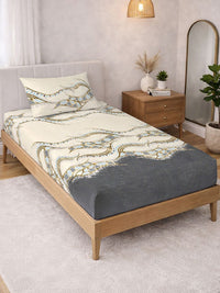 KLOTTHE Warna Krim & Kelabu Bercetak 300 TC Cadar Single Dengan Sarung Bantal-2.25 m x 1.5 m