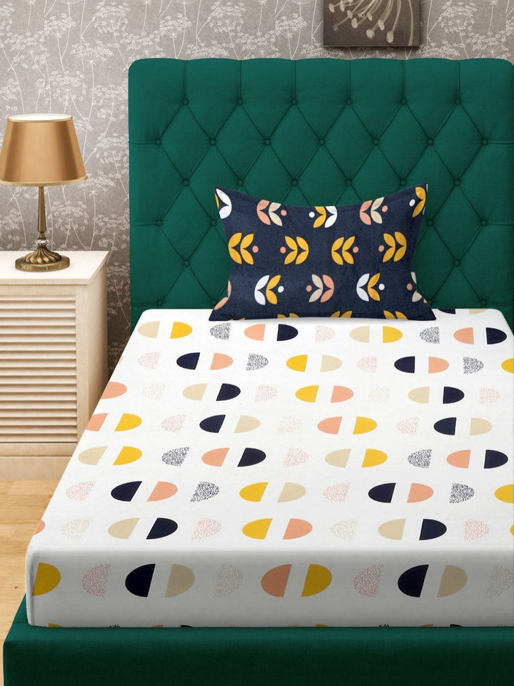 Aura White Geometric Cotton 300 TC Single Fine Bedsheet with a Pillow Cover-89 x 59 inches