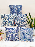 STITCHNEST Blue & Off White Set of 5 Ethnic Motifs Square Cushion Covers