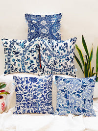 STITCHNEST Blue & Off White Set of 5 Ethnic Motifs Square Cushion Covers