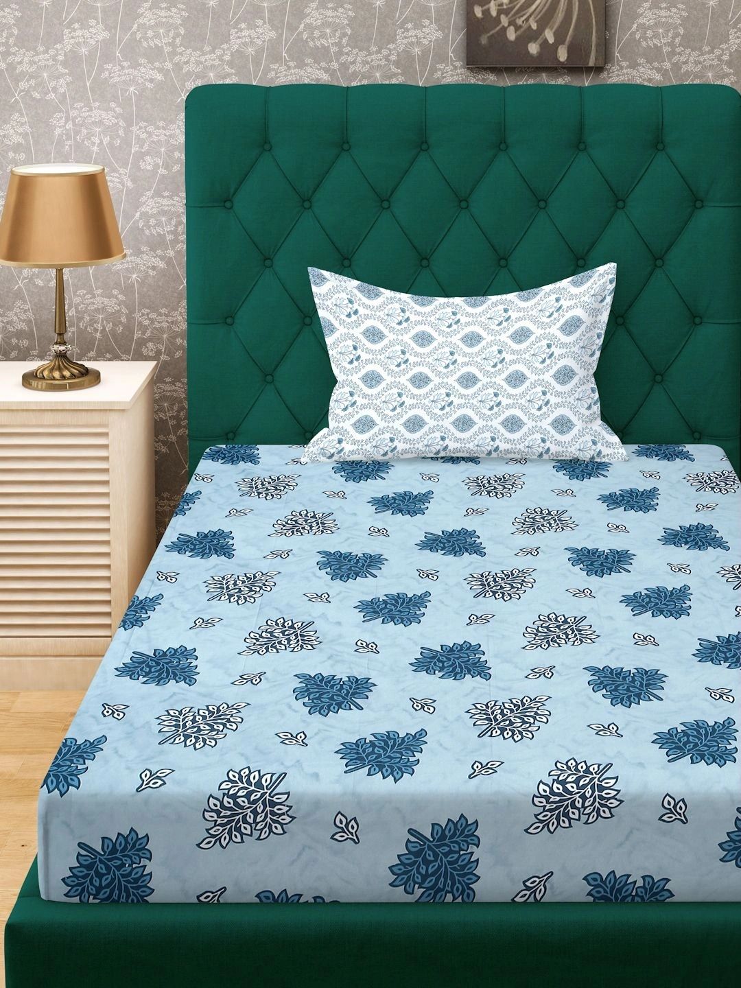 Moda Rapido X KLOTTHE Blue & White Floral 400 TC Single Bedsheet with 1 Pillow Covers