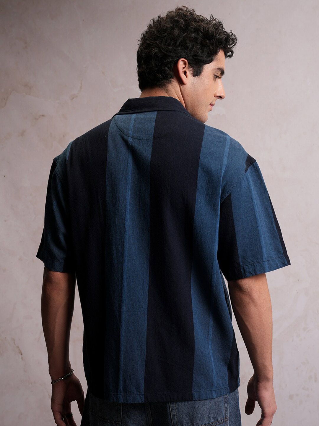 Locomotive Men Navy Dobby Textured Striper Camp Collar Oversized Shirt