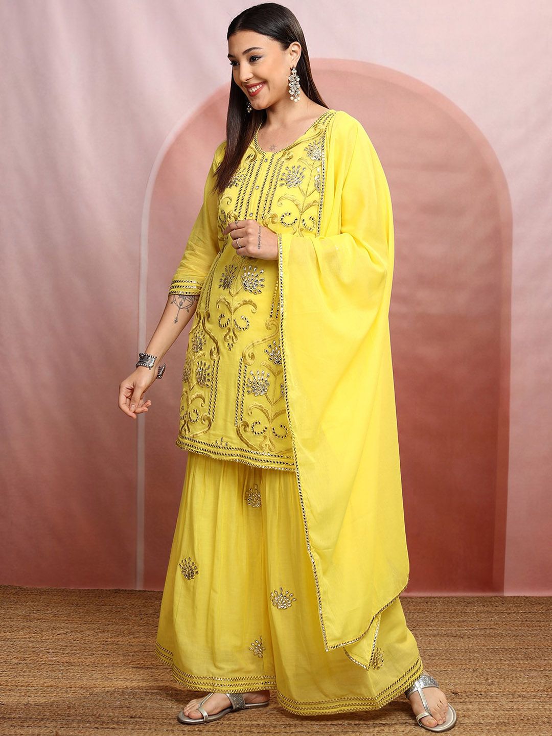 Vishudh Yellow Ethnic Motifs Embroidered Mirror Work Pure Cotton Straight Kurta Set