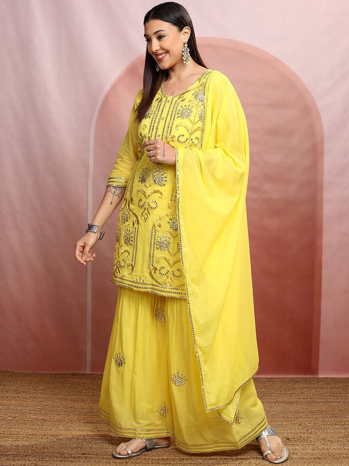 Vishudh Yellow Ethnic Motifs Embroidered Mirror Work Pure Cotton Straight Kurta Set