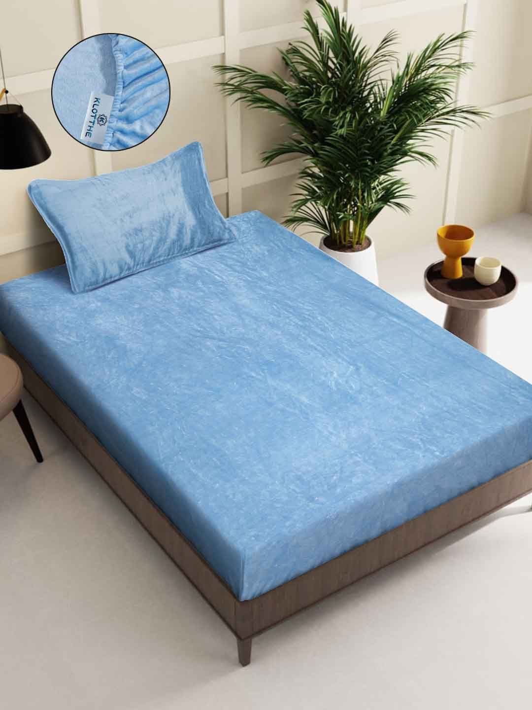 KLOTTHE Blue 300TC Woollen Fitted Single Bedsheet With Pillow Cover