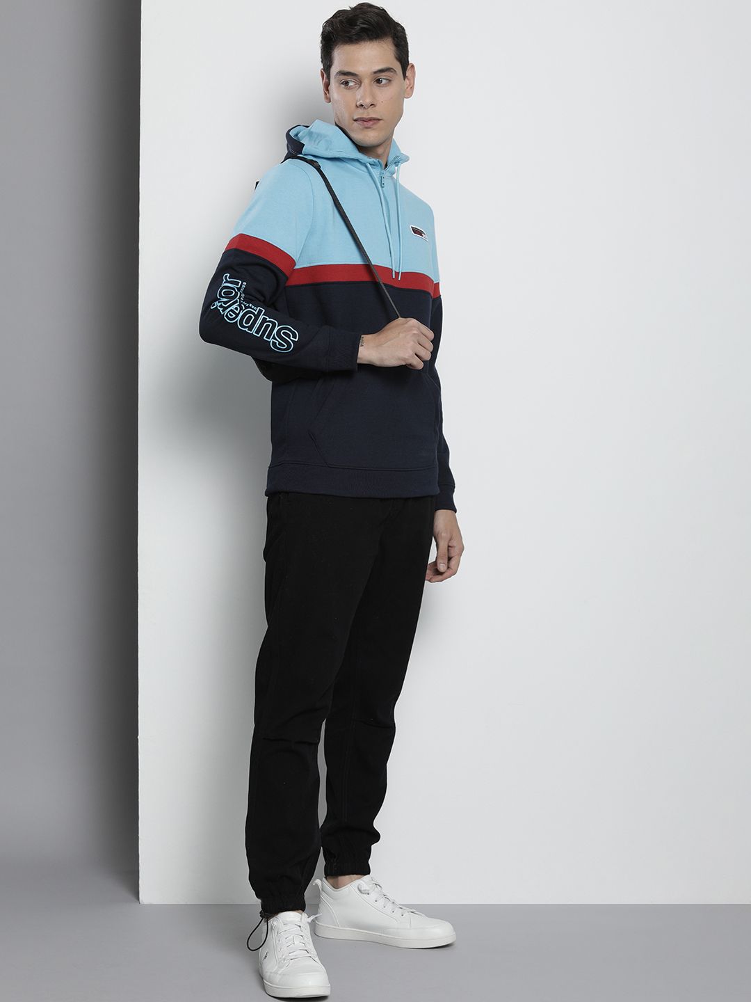 The Indian Garage Co Men Navy Blue Colourblocked Hooded Sweatshirt