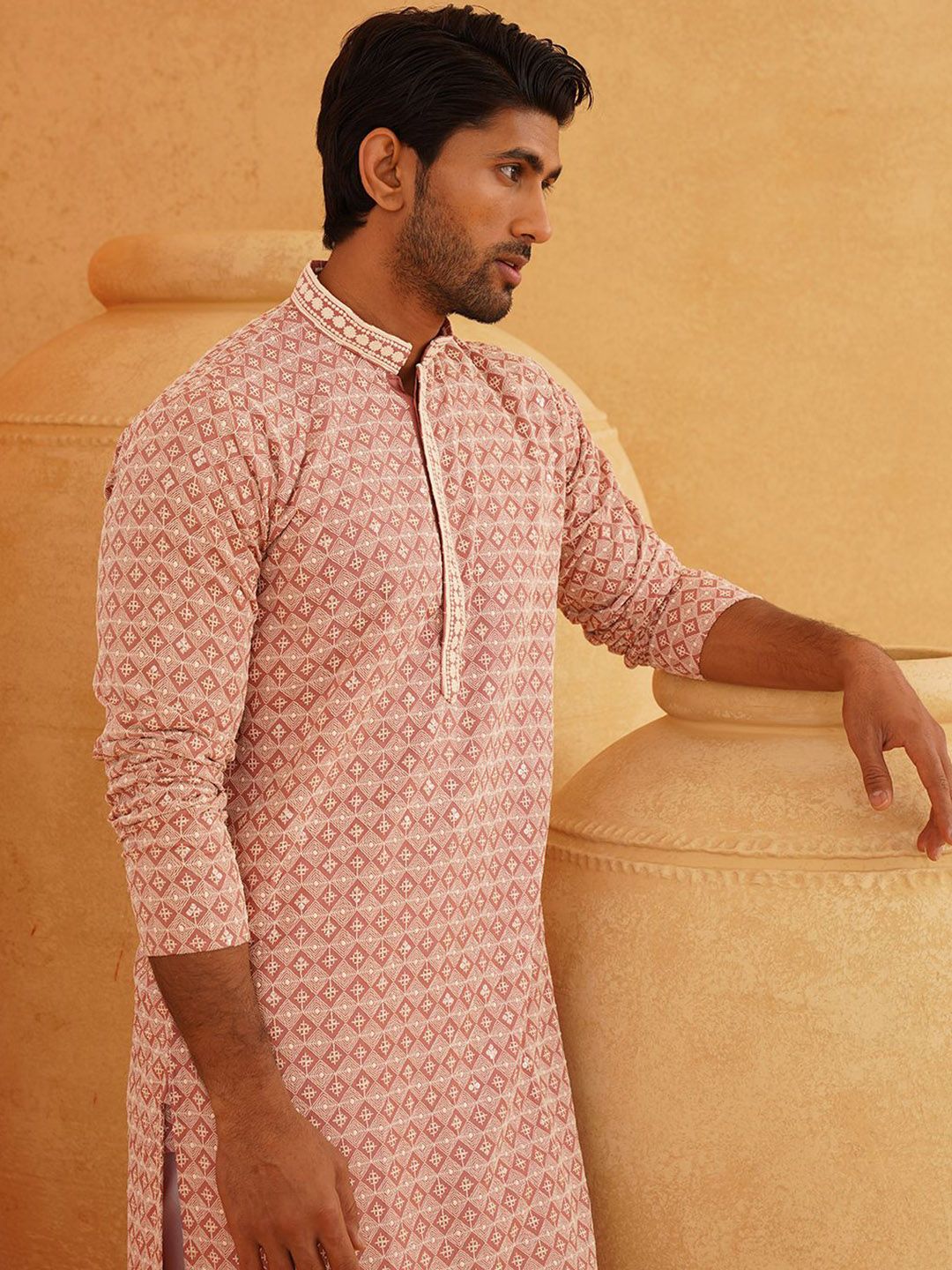 SOJANYA Geometric Embroidered Mandarin Collar Thread Work Pure Cotton Kurta With Churidar