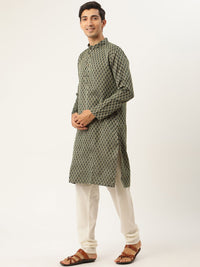 SOJANYA Men Green & Mustard Yellow Ethnic Motifs Kurta with Churidar & Nehru Jacket