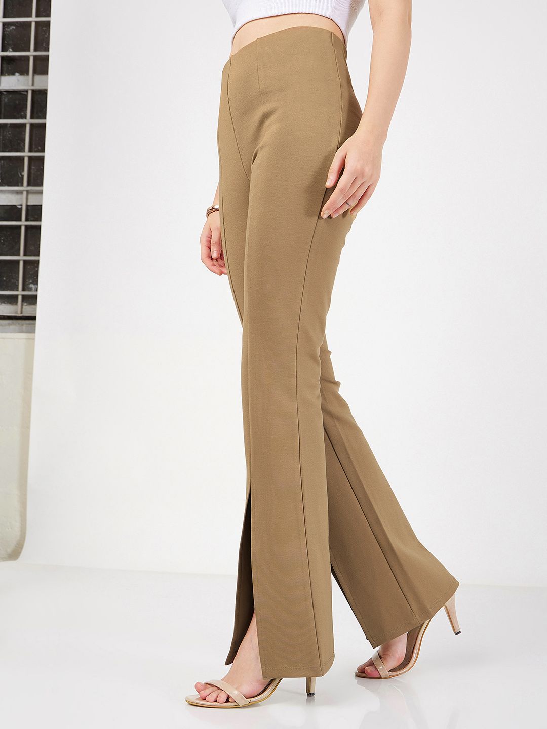 SASSAFRAS Women Beige Slim Fit Bootcut Trousers