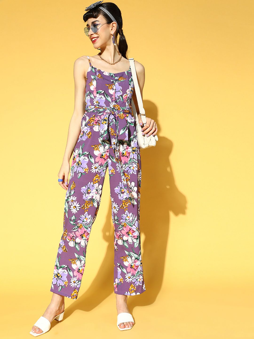 Berrylush Women Purple & Pink Floral Print Basic Jumpsuit
