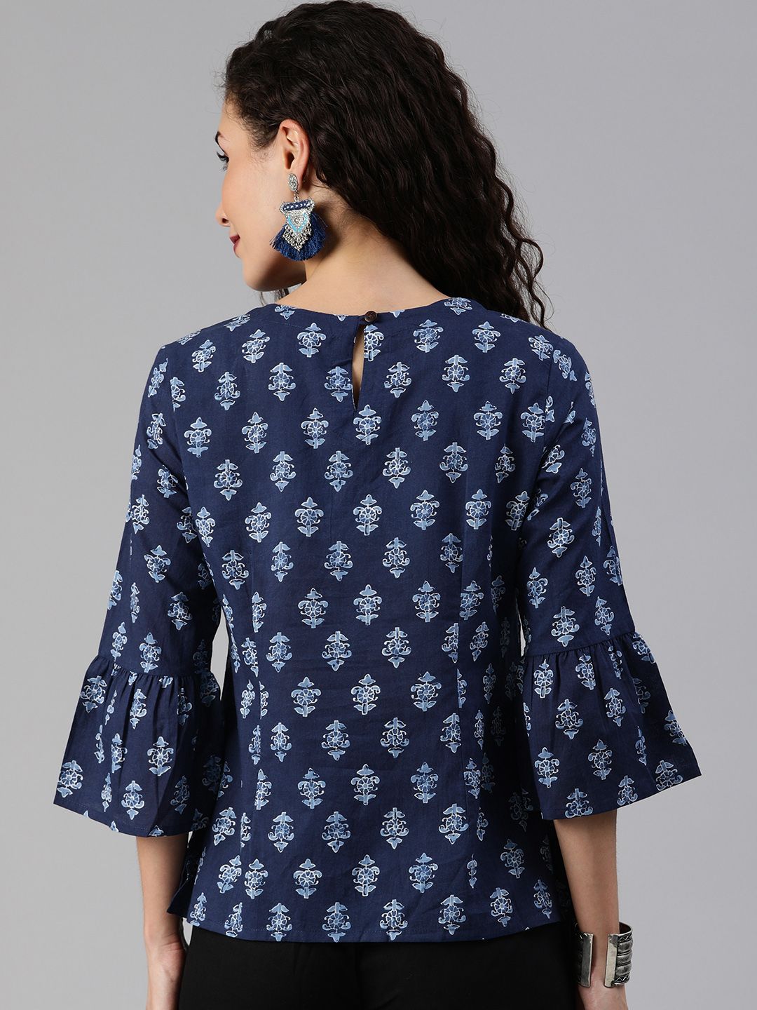 Anouk Navy Blue Ethnic Motifs Bell Sleeved Pure Cotton Top