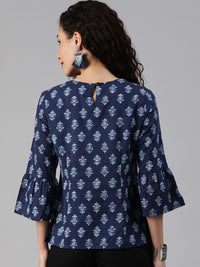 Anouk Navy Blue Ethnic Motifs Bell Sleeved Pure Cotton Top