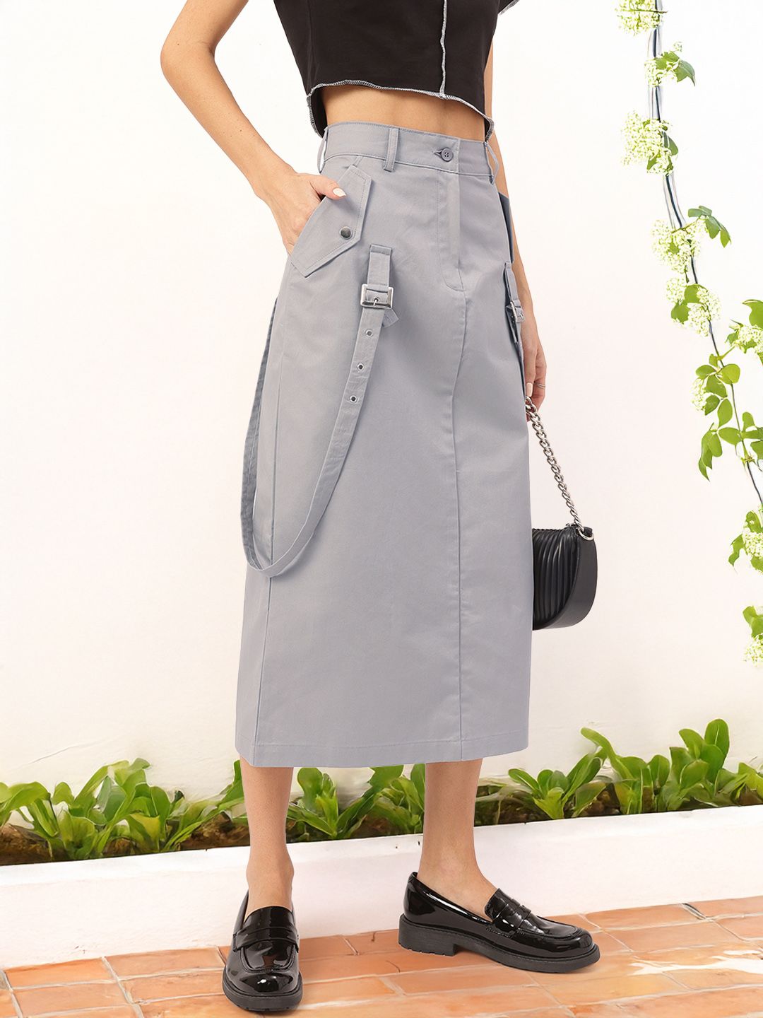 DressBerry Urban Elegance Belt Detail Straight Midi Skirt