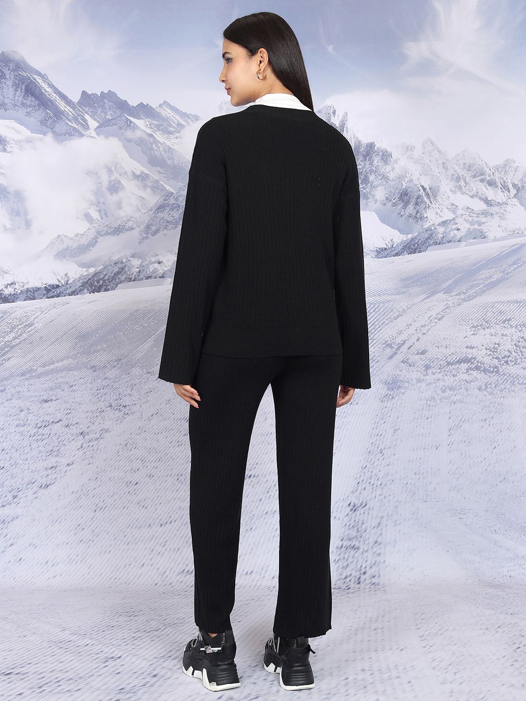 Tokyo Talkies Black Relaxed Fit Cardigan & Flared Pants Co-Ords