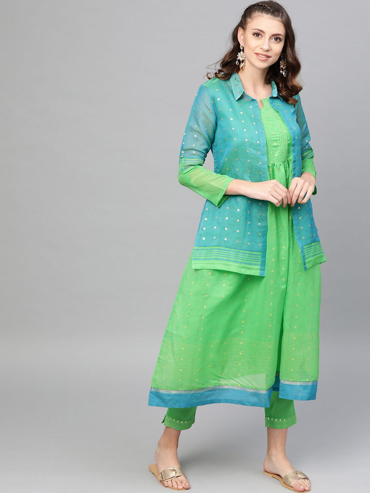 W Women Green & Golden Printed Kurta & Trousers With Ethnic Jacket