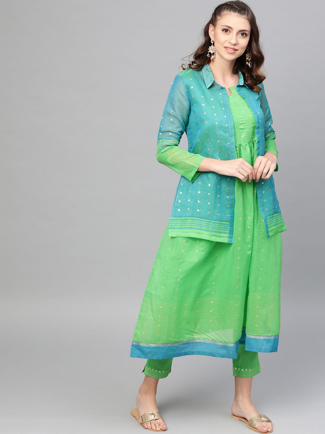 W Women Green & Golden Printed Kurta & Trousers With Ethnic Jacket