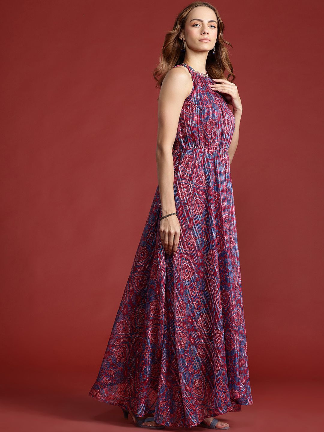 all about you Ethnic Motifs Printed Lurex Stripe Georgette Maxi Dress