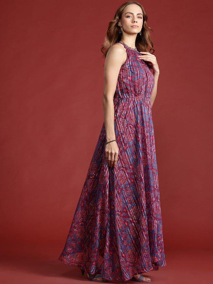 all about you Ethnic Motifs Printed Lurex Stripe Georgette Maxi Dress