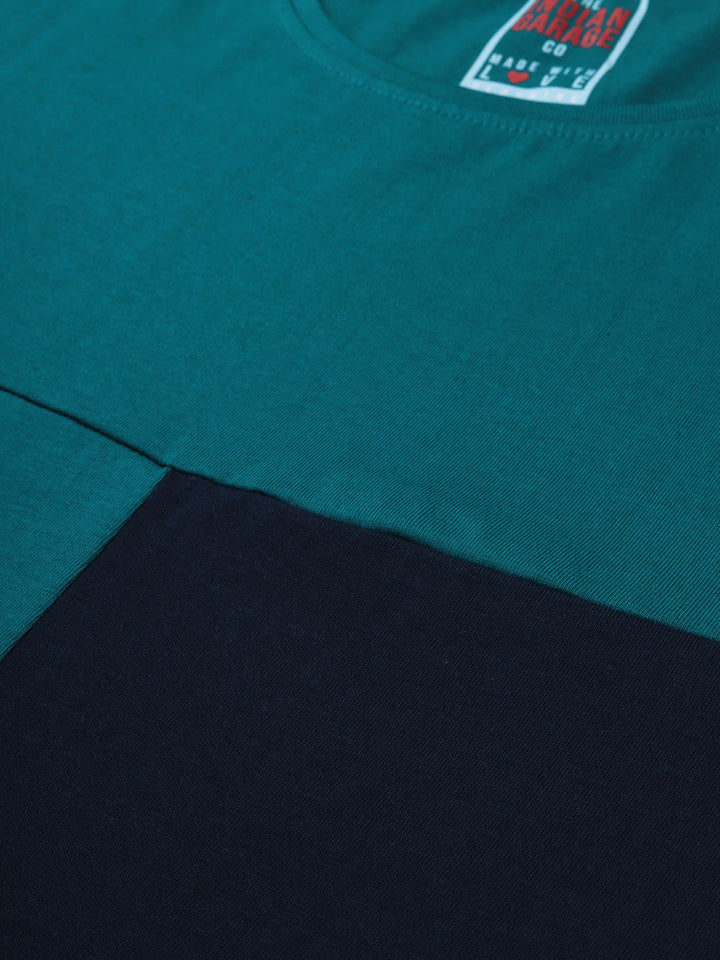 The Indian Garage Co Men Teal Blue  Navy Blue Colourblocked Round Neck T-shirt