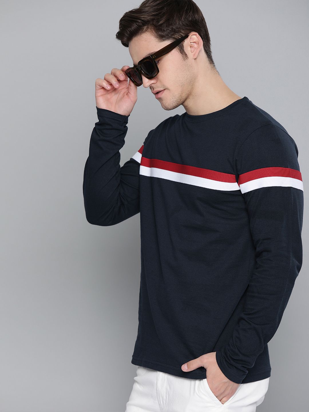 DILLINGER Men Navy Blue  Red Striped Cotton Pure Cotton T-shirt