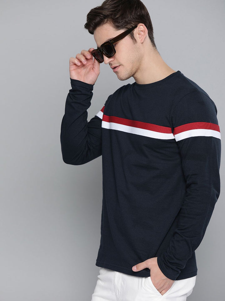 DILLINGER Men Navy Blue  Red Striped Cotton Pure Cotton T-shirt