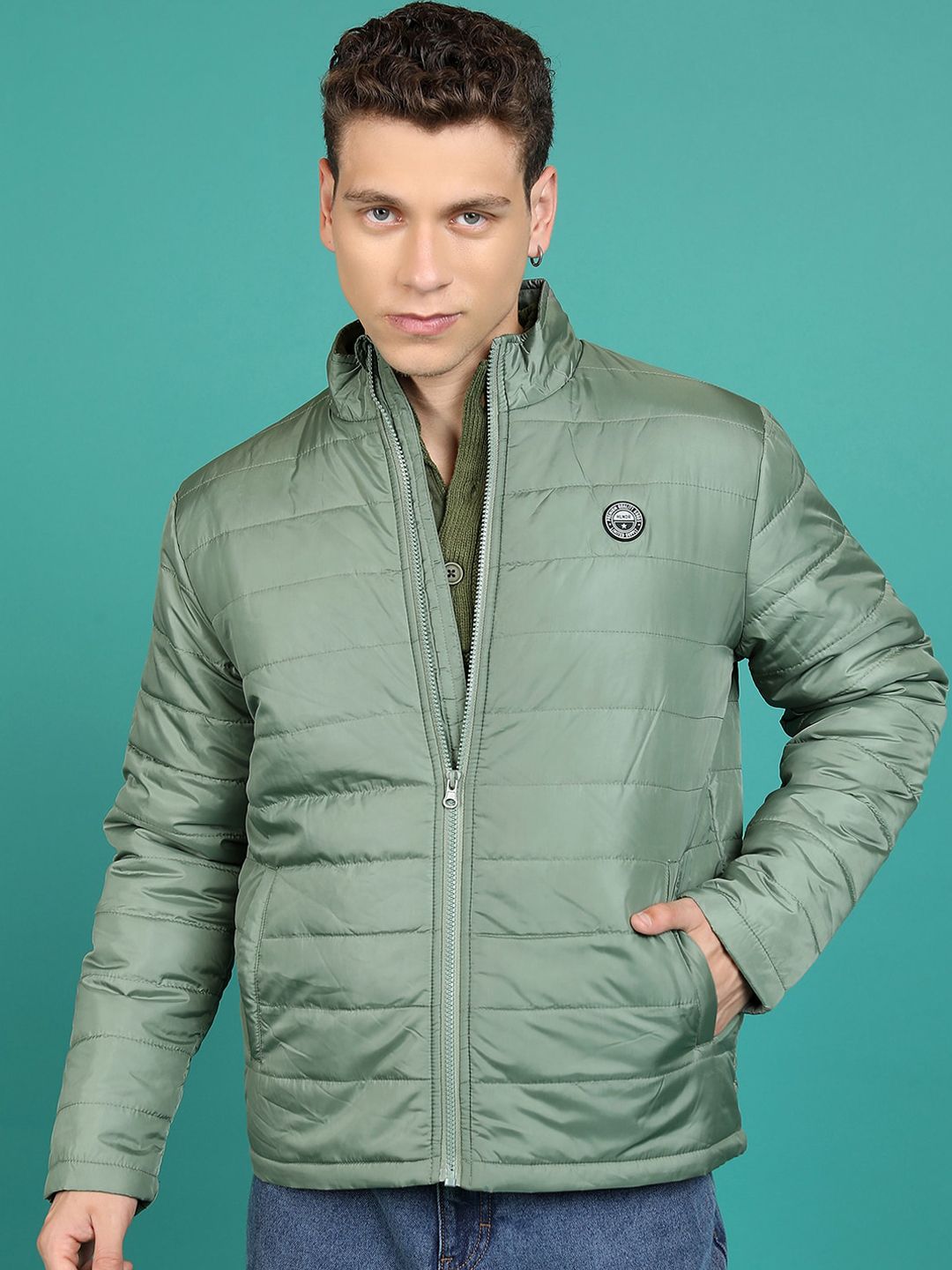 HIGHLANDER Olive Green Mock Collar Padded Jacket