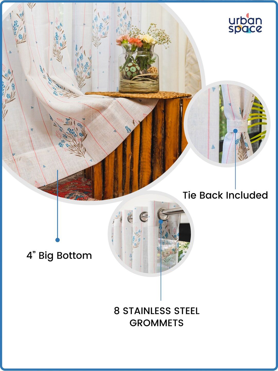 URBAN SPACE White & Blue 2 Pieces Floral Sheer Window Curtains