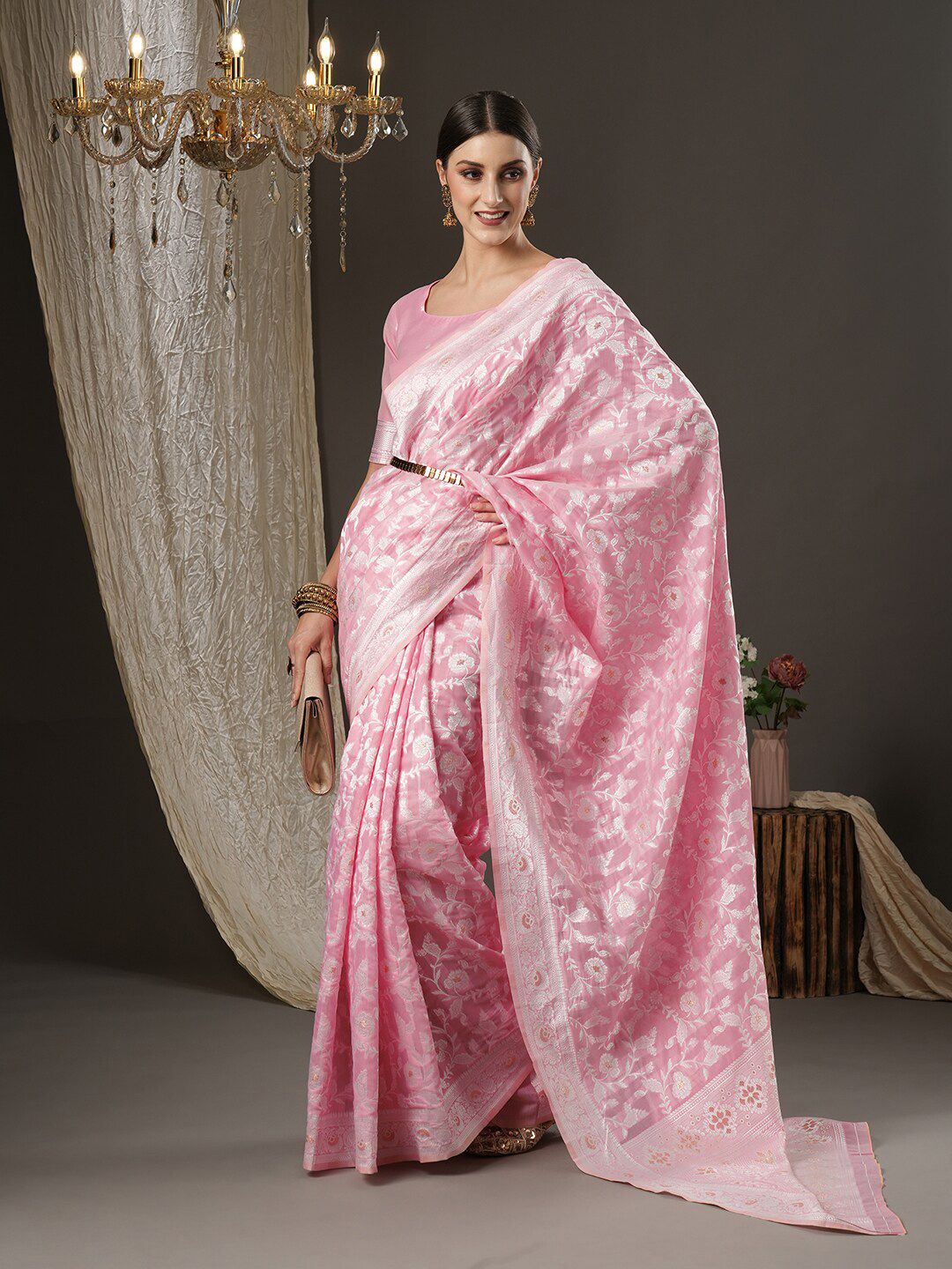 Saree mall Pink Woven Design Silk Cotton Banarasi Sarees