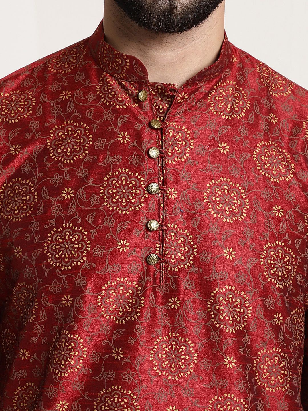 SOJANYA Men Maroon & Gold Floral Straight Kurta Churidar & Sequined Nehru Jacket