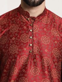 SOJANYA Men Maroon & Gold Floral Straight Kurta Churidar & Sequined Nehru Jacket