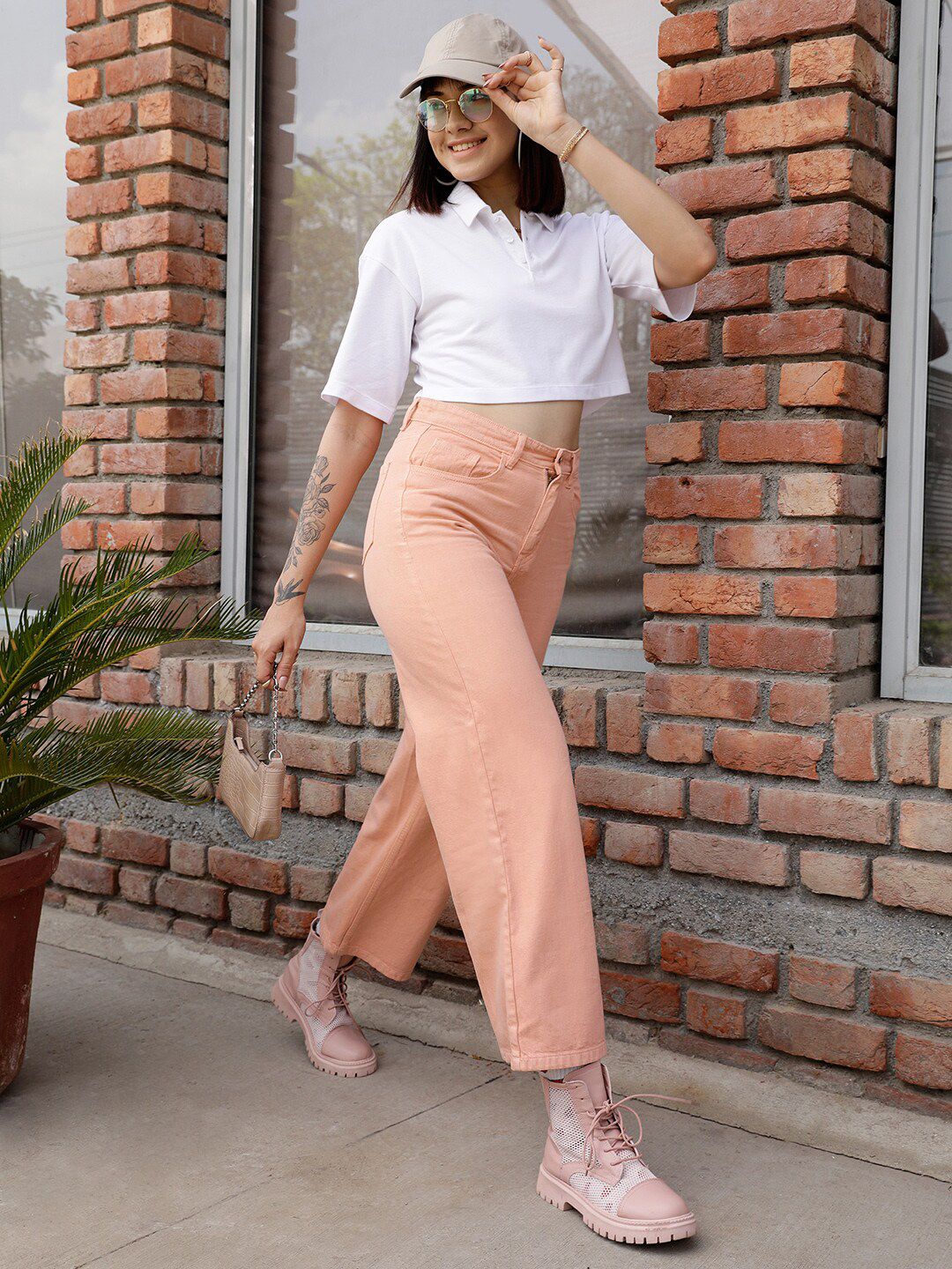 STREET 9 BASICS White Polo Collar Drop Shoulder Sleeves Crop Pure Cotton Oversized T-shirt