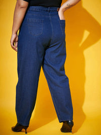 SASSAFRAS Curve Women Navy Blue Comfort Mom Fit Mid-Rise Clean Jeans
