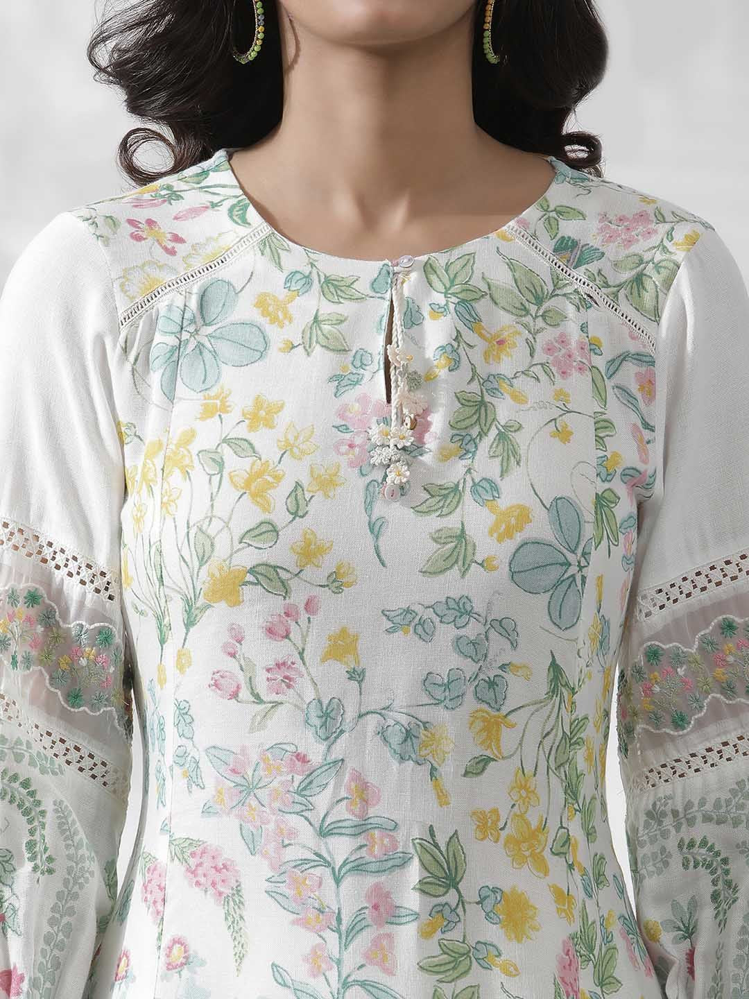 W Floral Printed Keyhole Neck Puff Sleeves A-Line Kurta