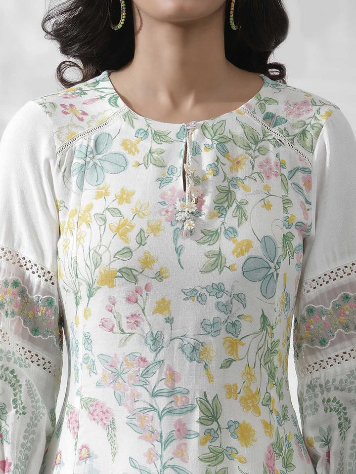 W Floral Printed Keyhole Neck Puff Sleeves A-Line Kurta