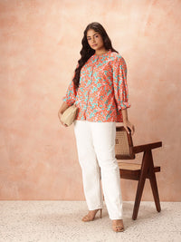all about you Plus Size Floral Print Mandarin Collar Puff Sleeve Shirt Style Top
